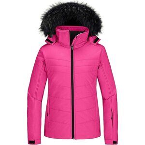 Women's Puffer Ski Hooded Jacket Rose Red Faux Fur Winter Warm Waterproof Coat